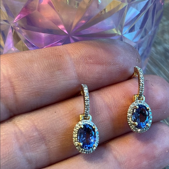 14k Gold diamond tanzanite Drop Earrings. Oval Gemstones with diamond Pavé Halos - Picture 4 of 13